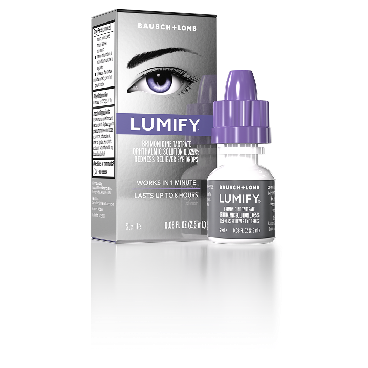 Bottle of Lumify eye drops next to its box